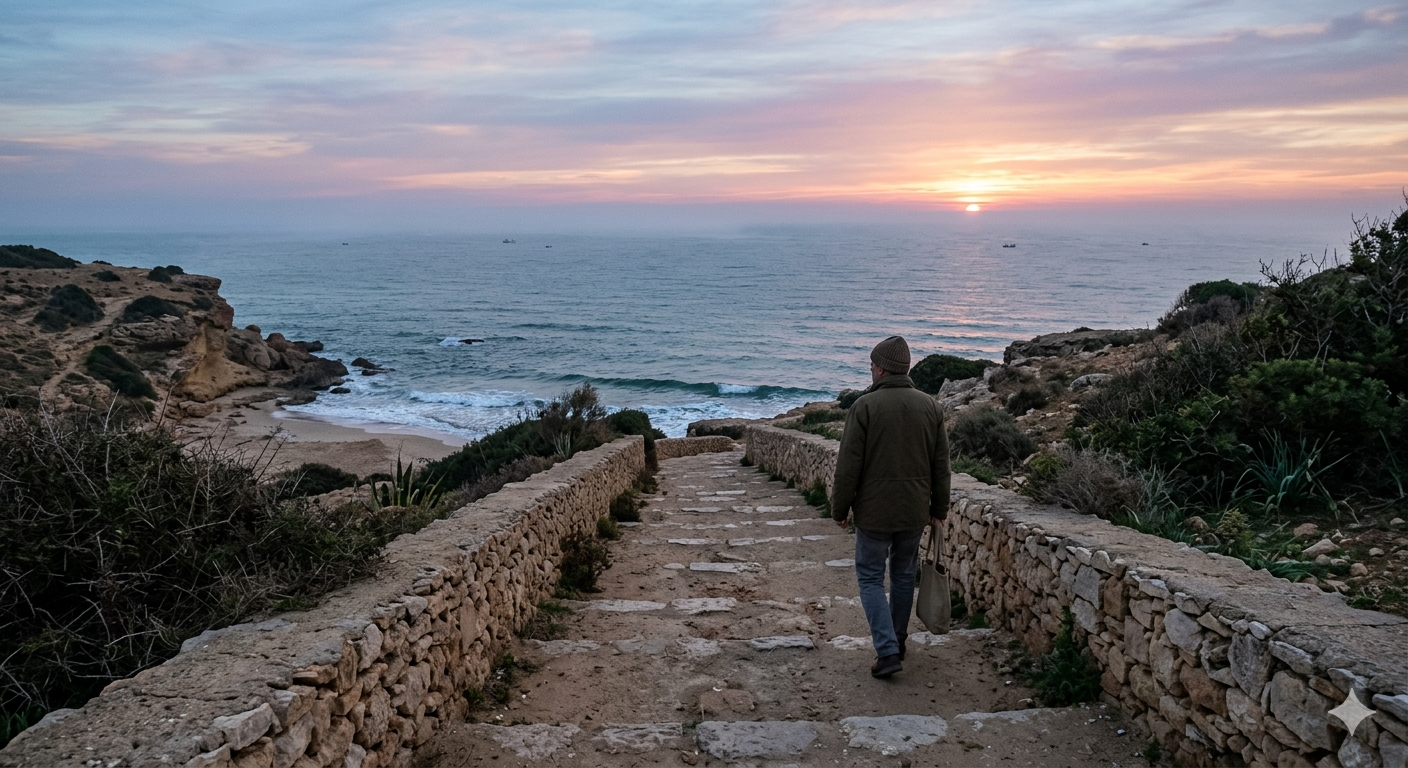 Stone path leading to the sea at sunset
